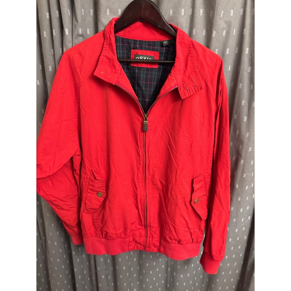 Orvis Mens Red Harrington Jacket Plaid Lined Full Zip Mock Neck Medium OR-1Z5B